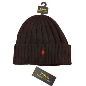 Ralph Lauren Mens Polo Wool Cuff Beanie Knit Hat Dark Navy Blue - Red Pony Logo